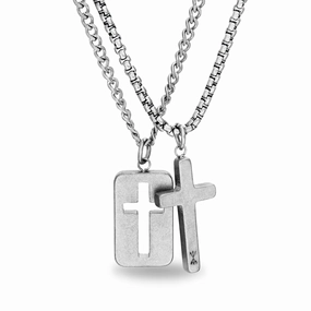 Timeless Mood My Bible Stainless Steel Dog Tag and Cross Duo Necklace Set