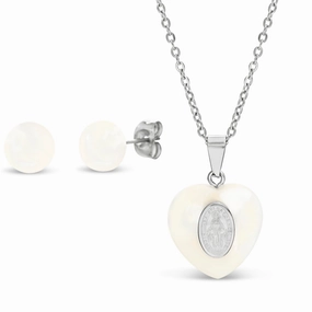 Timeless Detail Urban Style My Bible Stainless Steel Mother of Pearl Religious Medal Necklace and Earring Set