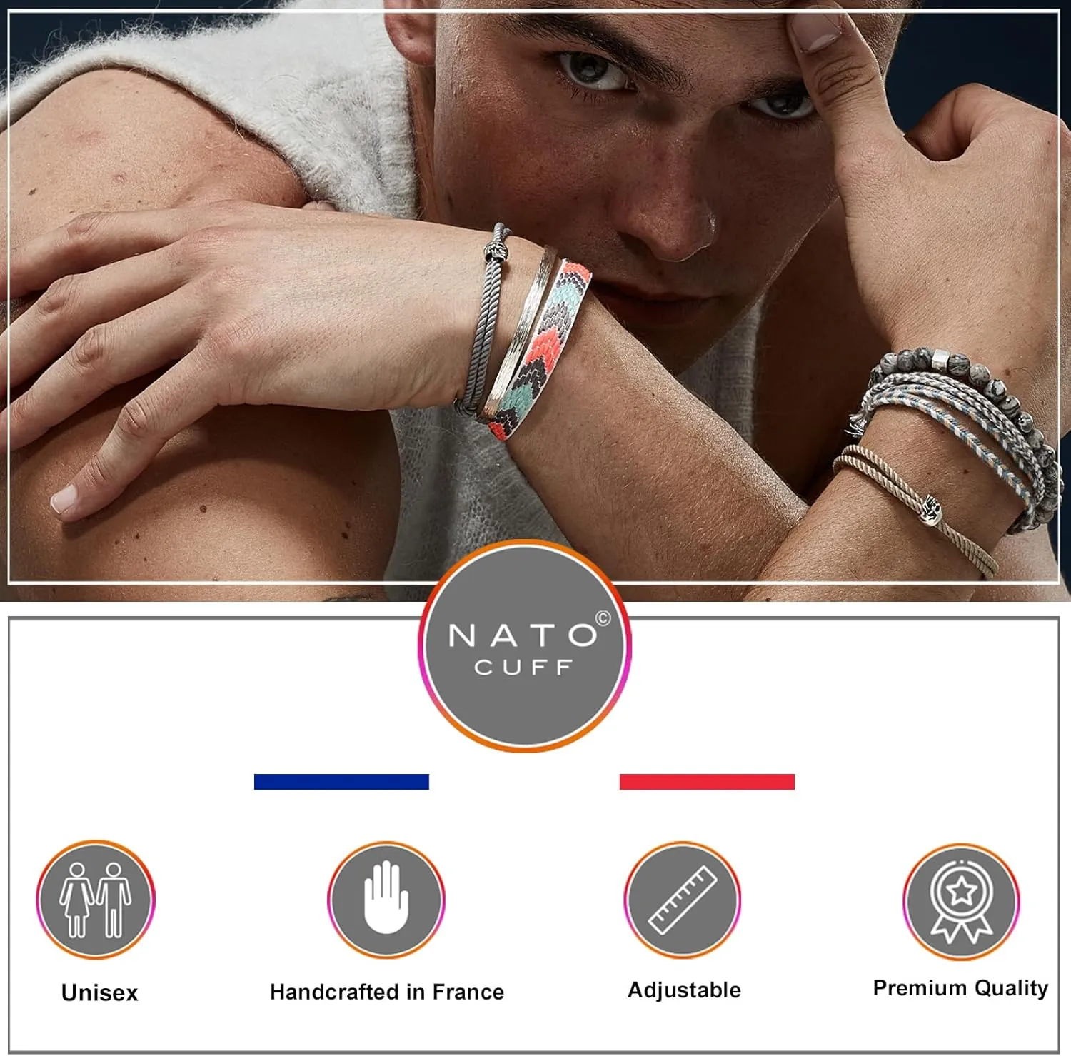 Nato Cuff - Ethnic Ribbon Bracelet 10mm- Handmade in France - Adjustable Mens or Womens Jewel, adjustable, Stainless Steel Cotton Polyester