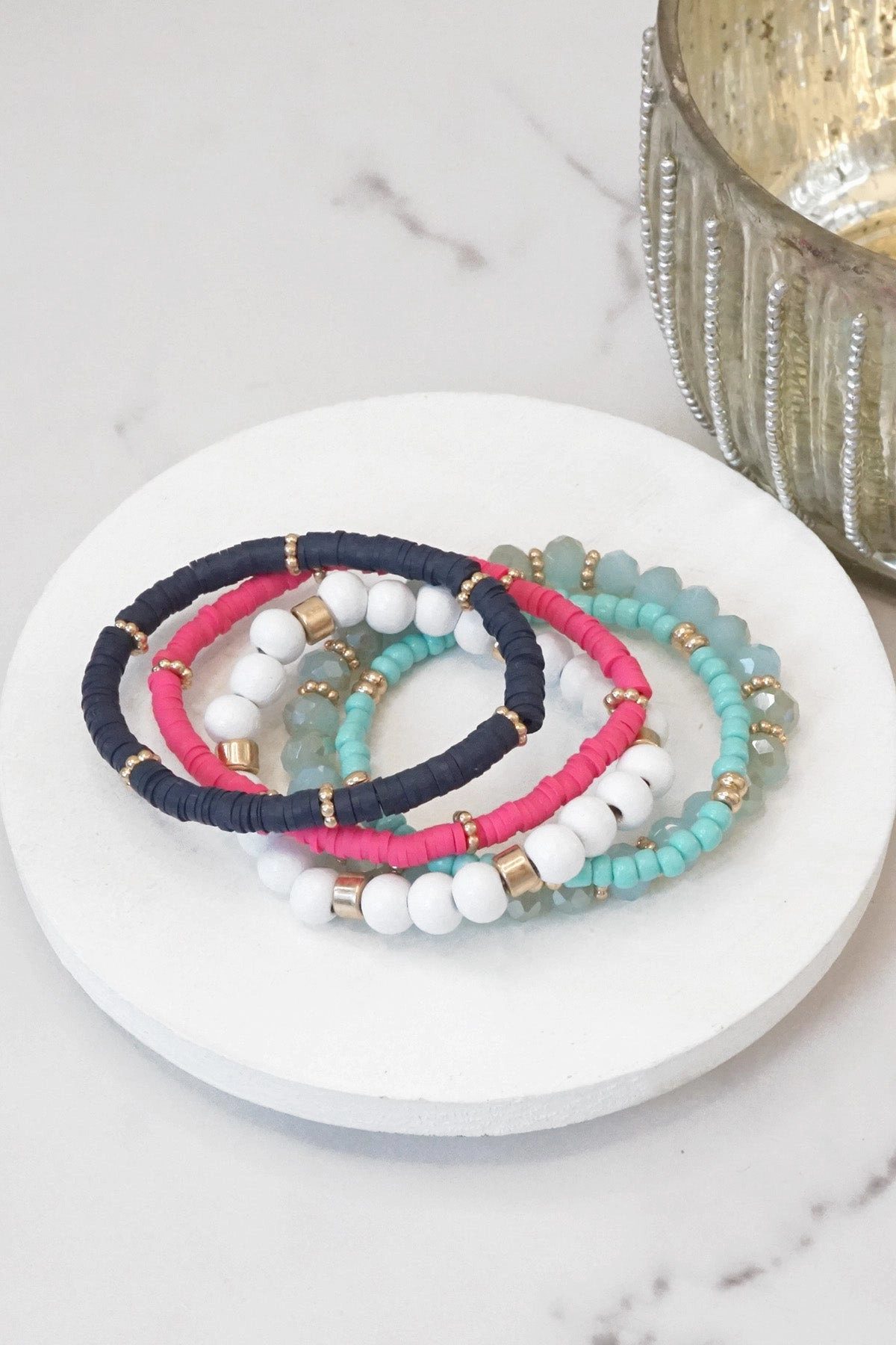 Creative Expression Timeless Classics Nautical Navy Blue Hot Pink White stack clay glass wood beads bracelets set