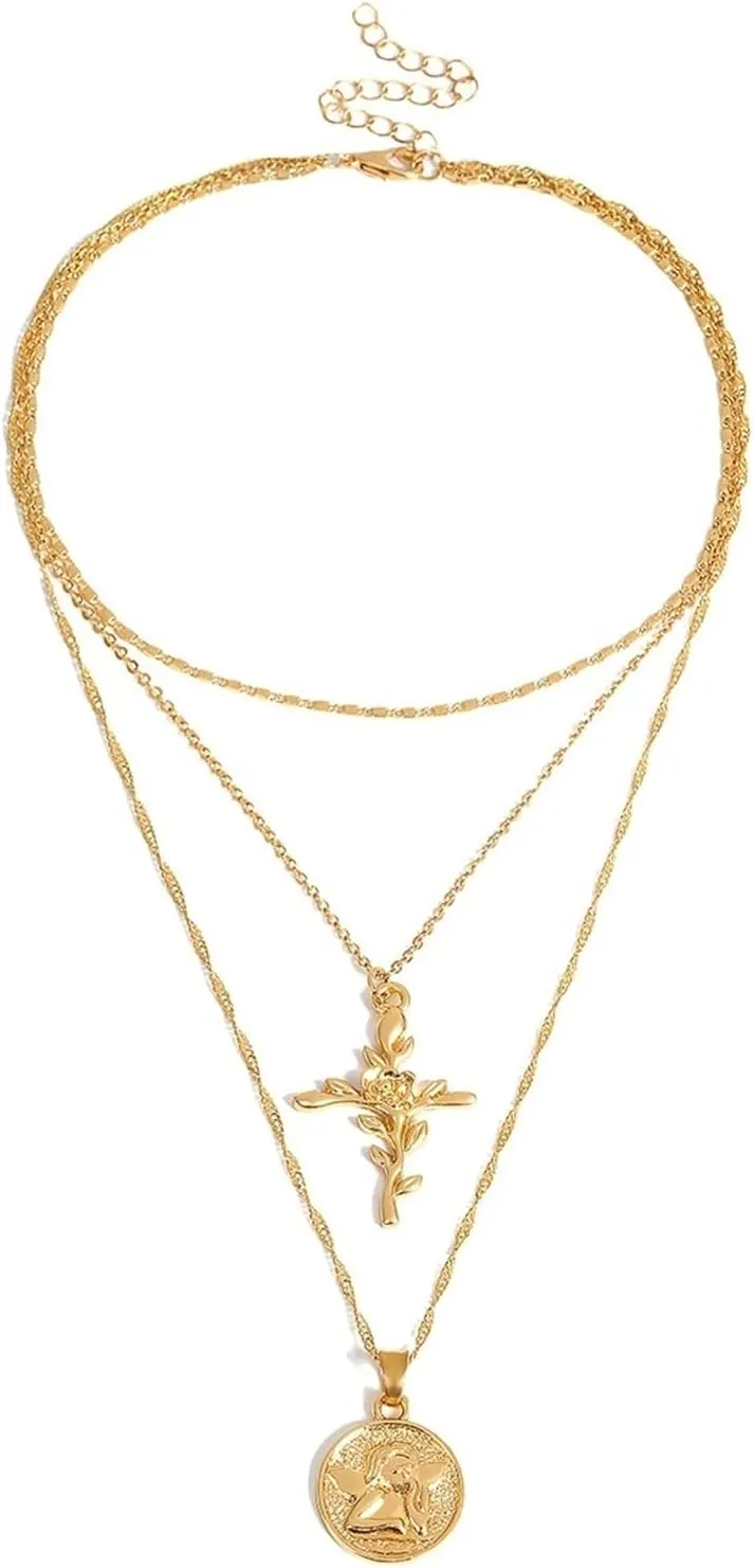 Necklace Layered Trendy, 3 Layer Necklace for Women Pendant Necklaces Gold Lobster Claw Embossed Rose Design Vacation Birthday Gifts for Teen Girls