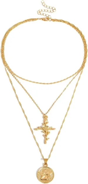 Necklace Layered Trendy, 3 Layer Necklace for Women Pendant Necklaces Gold Lobster Claw Embossed Rose Design Vacation Birthday Gifts for Teen Girls