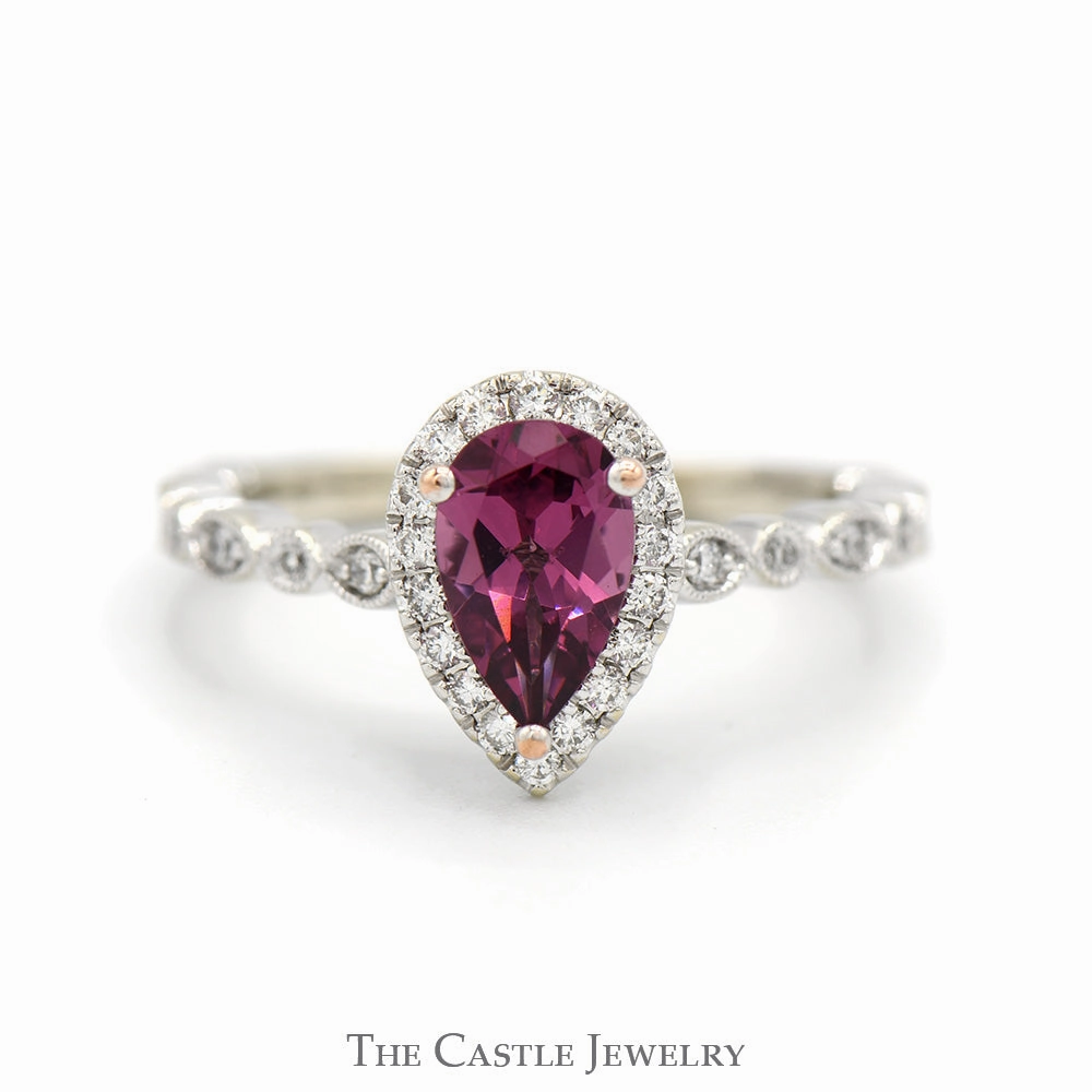 Neil Lane Designer Pear Cut Rhodalite Garnet Solitaire & Diamond Accented Engagement Ring in 14K White Gold Straight Edge