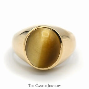Scratch Proof Men's Oval Cabochon Yellow Cat's Eye Dome Ring with Polished Sides in 10k Yellow Gold