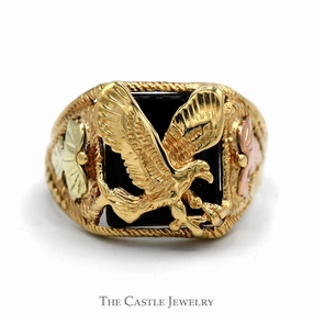 Timeless Structure Daily Harmony Black Onyx Eagle Ring with Two Tone Leaf Designed Sides in 10k Tri Tone Yellow, Rose & White Gold