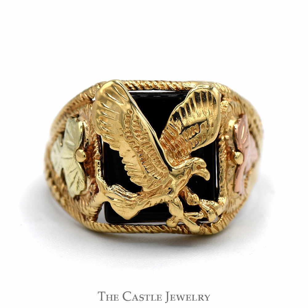 Timeless Structure Daily Harmony Black Onyx Eagle Ring with Two Tone Leaf Designed Sides in 10k Tri Tone Yellow, Rose & White Gold