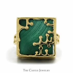 Premium Statement Cube Malachite Ring with Open Ornate Mounting in 14k Yellow Gold