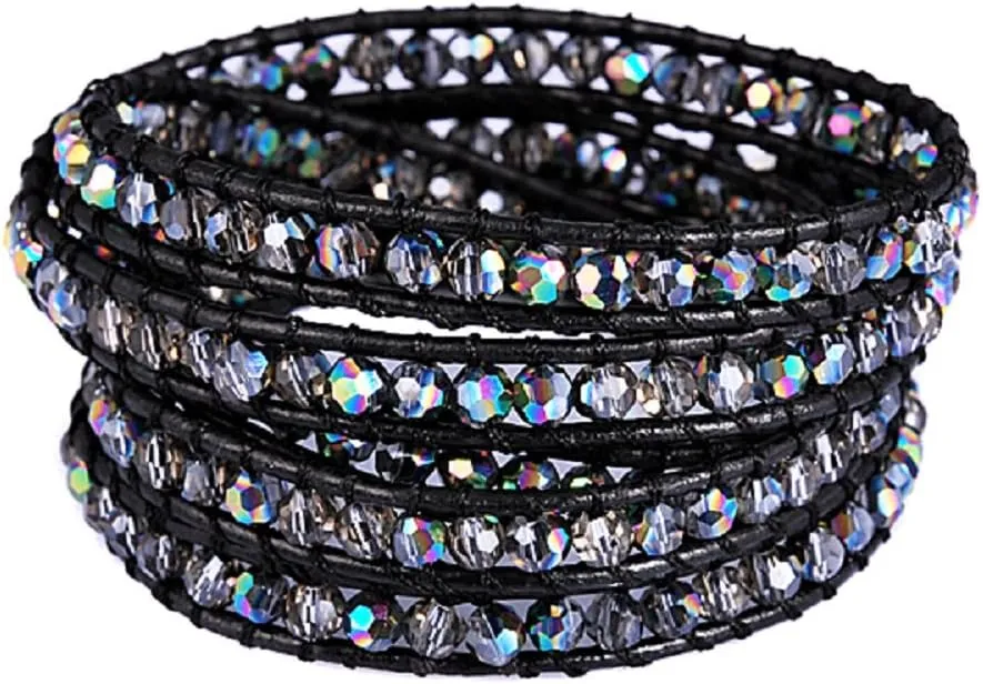 NewZenro Genuine Leather Bracelet Multi Colors Crystal Beads Wrap Bracelets for Women Fashion Trendy Jewelry (5 Wraps, Facet AB Rhinestone)
