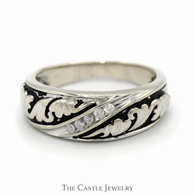 Nick Set Diamond Band with Black Enamel Floral Design in 10k White Gold Designer Style