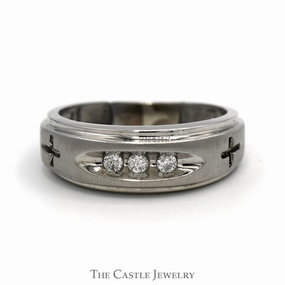 Nick Set Three Stone Diamond Band with Etched Cross Sides in 10k White Gold Economical Design Modern Classic