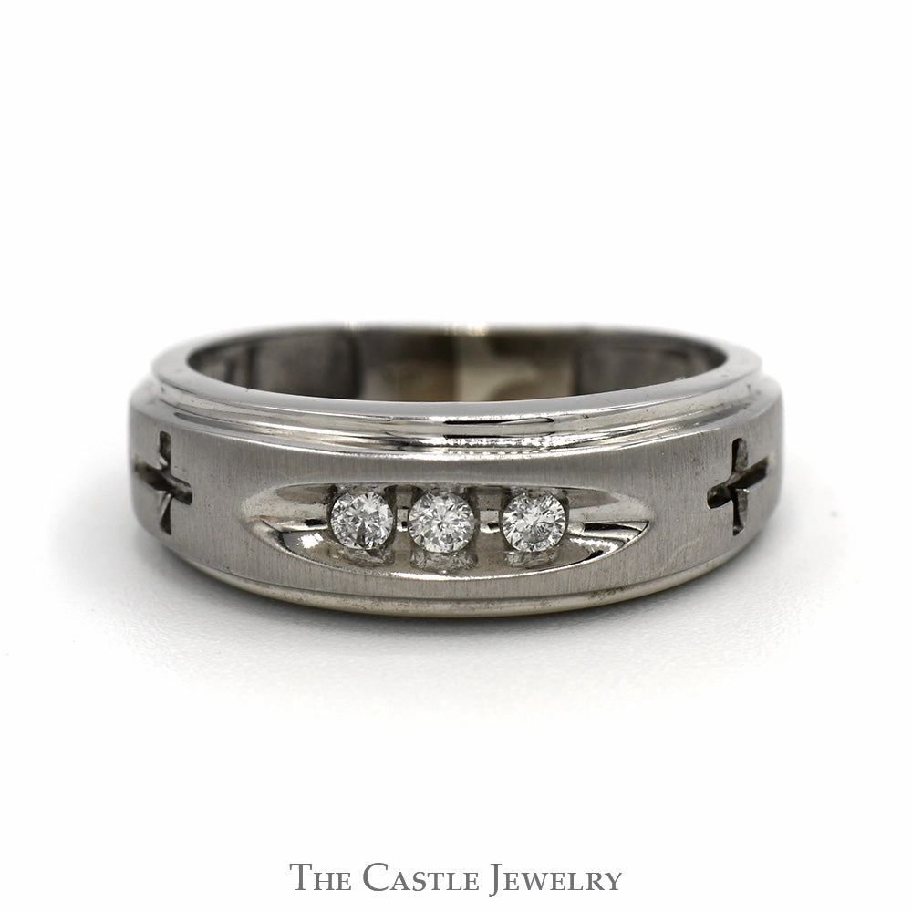 Nick Set Three Stone Diamond Band with Etched Cross Sides in 10k White Gold Economical Design Modern Classic