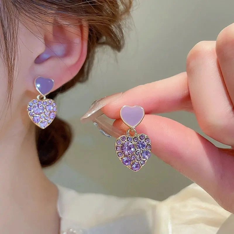 Lavender Color Heart Shaped Rhinestone Drop Earring Elegant Appearance