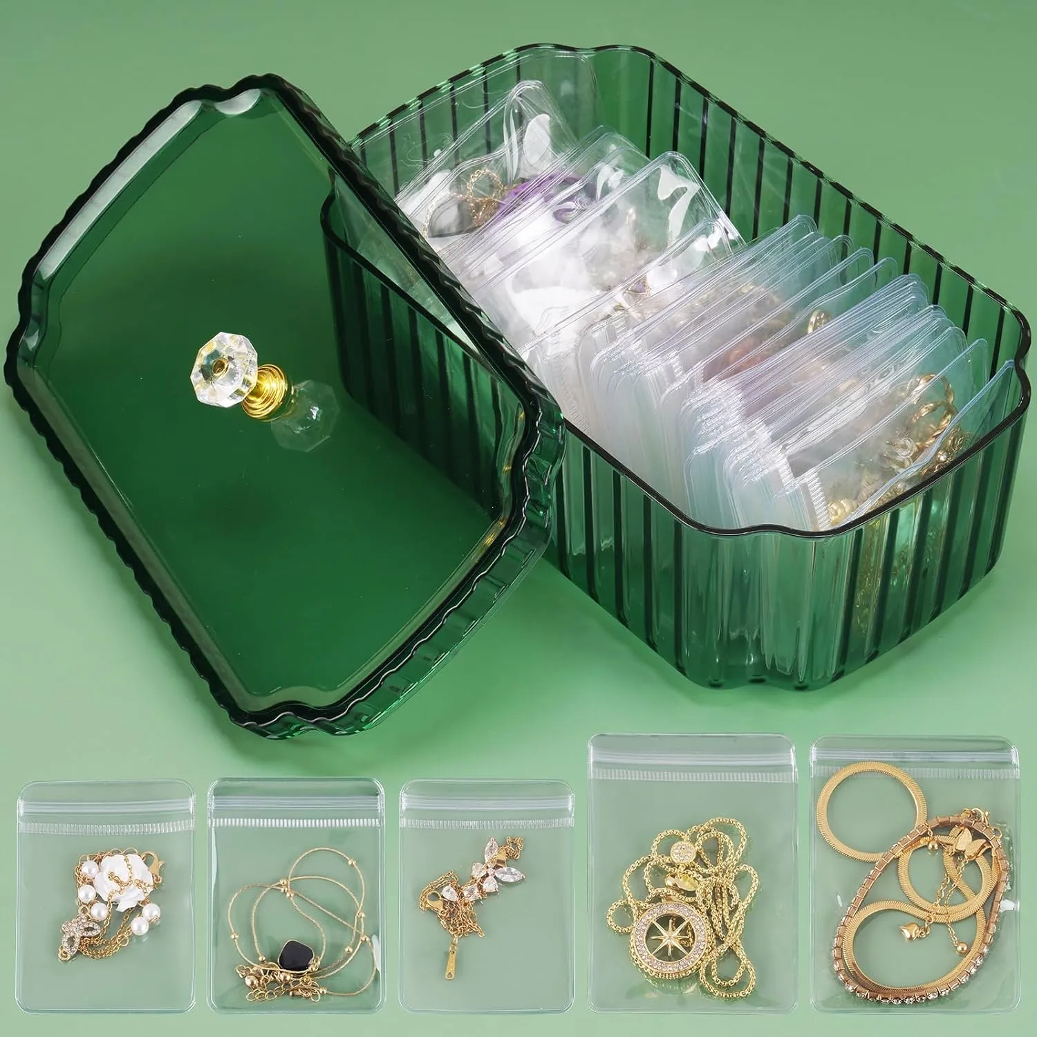 NiHome Jewelry Organizer Box Set for Vanity, Wardrobe, Bedroom Storage, 35 Anti-Tarnish Clear Travel Pouches Two Sizes for Rings, Earrings, Necklaces, Bracelets, Detachable Minimalist Design (Green)