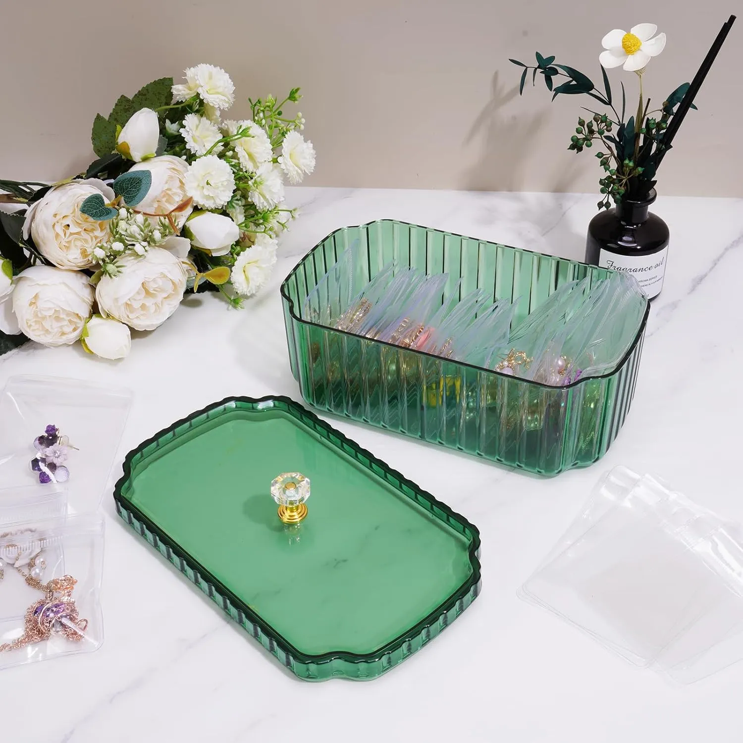 NiHome Jewelry Organizer Box Set for Vanity, Wardrobe, Bedroom Storage, 35 Anti-Tarnish Clear Travel Pouches Two Sizes for Rings, Earrings, Necklaces, Bracelets, Detachable Minimalist Design (Green)