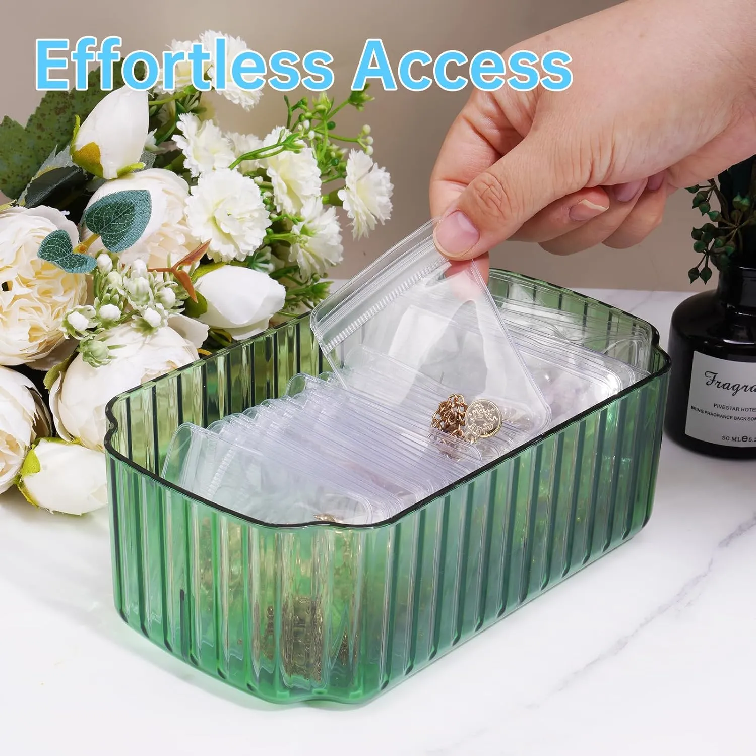 NiHome Jewelry Organizer Box Set for Vanity, Wardrobe, Bedroom Storage, 35 Anti-Tarnish Clear Travel Pouches Two Sizes for Rings, Earrings, Necklaces, Bracelets, Detachable Minimalist Design (Green)