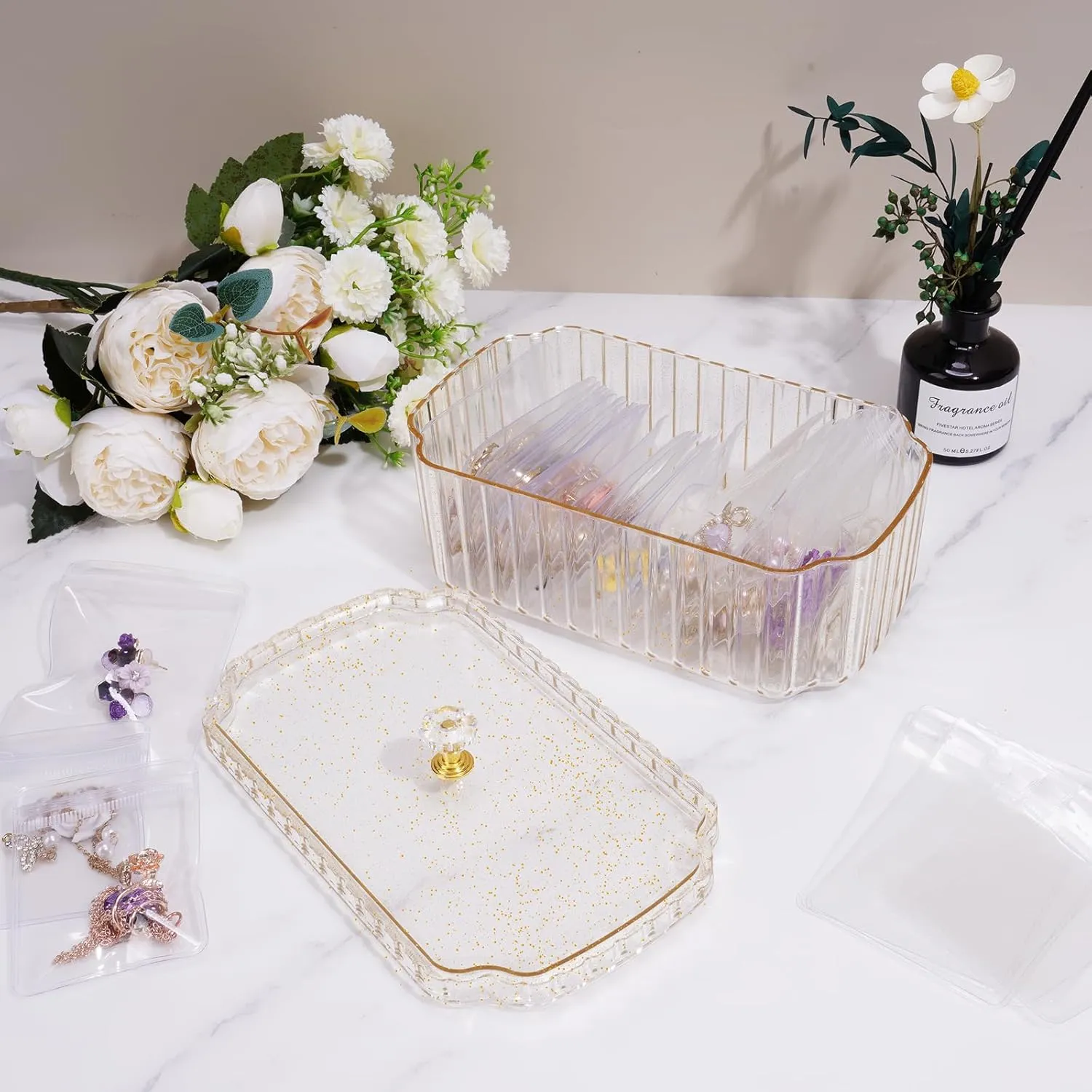 NiHome Jewelry Organizer Box Set for Vanity, Wardrobe, Bedroom Storage, 35 Anti-Tarnish Clear Travel Pouches Two Sizes for Rings, Earrings, Necklaces, Bracelets, Detachable Minimalist Design