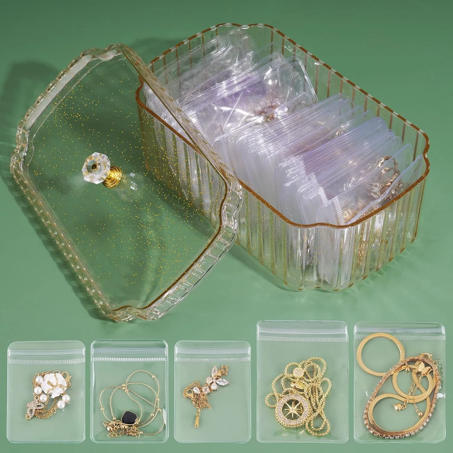 NiHome Jewelry Organizer Box Set for Vanity, Wardrobe, Bedroom Storage, 35 Anti-Tarnish Clear Travel Pouches Two Sizes for Rings, Earrings, Necklaces, Bracelets, Detachable Minimalist Design