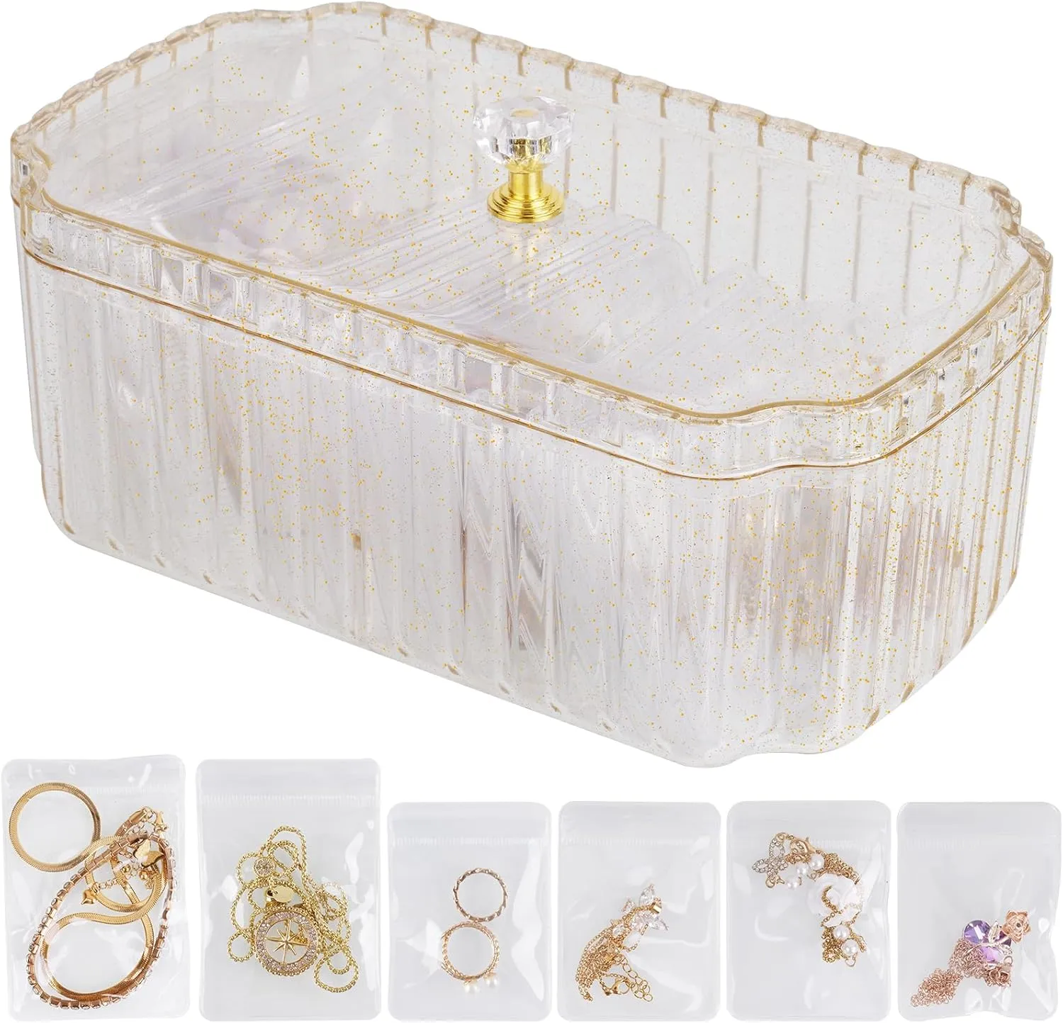 NiHome Jewelry Organizer Box Set for Vanity, Wardrobe, Bedroom Storage, 35 Anti-Tarnish Clear Travel Pouches Two Sizes for Rings, Earrings, Necklaces, Bracelets, Detachable Minimalist Design