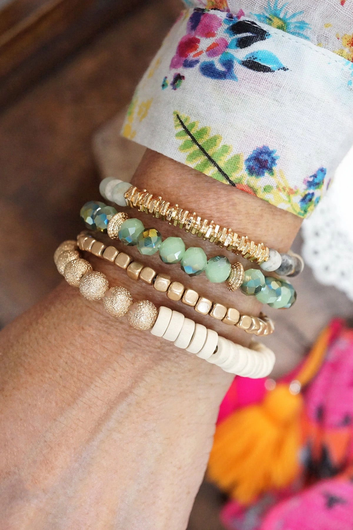Bracelets stack of 4 piece beaded with Green Semi Precious stones glass wooden and golden beads Well-Measured