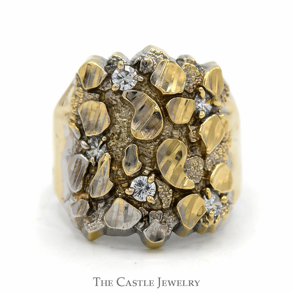 Nugget Style Ring with Cubic Zirconia Accents in 14k Two Tone White & Yellow Gold Budget Craft