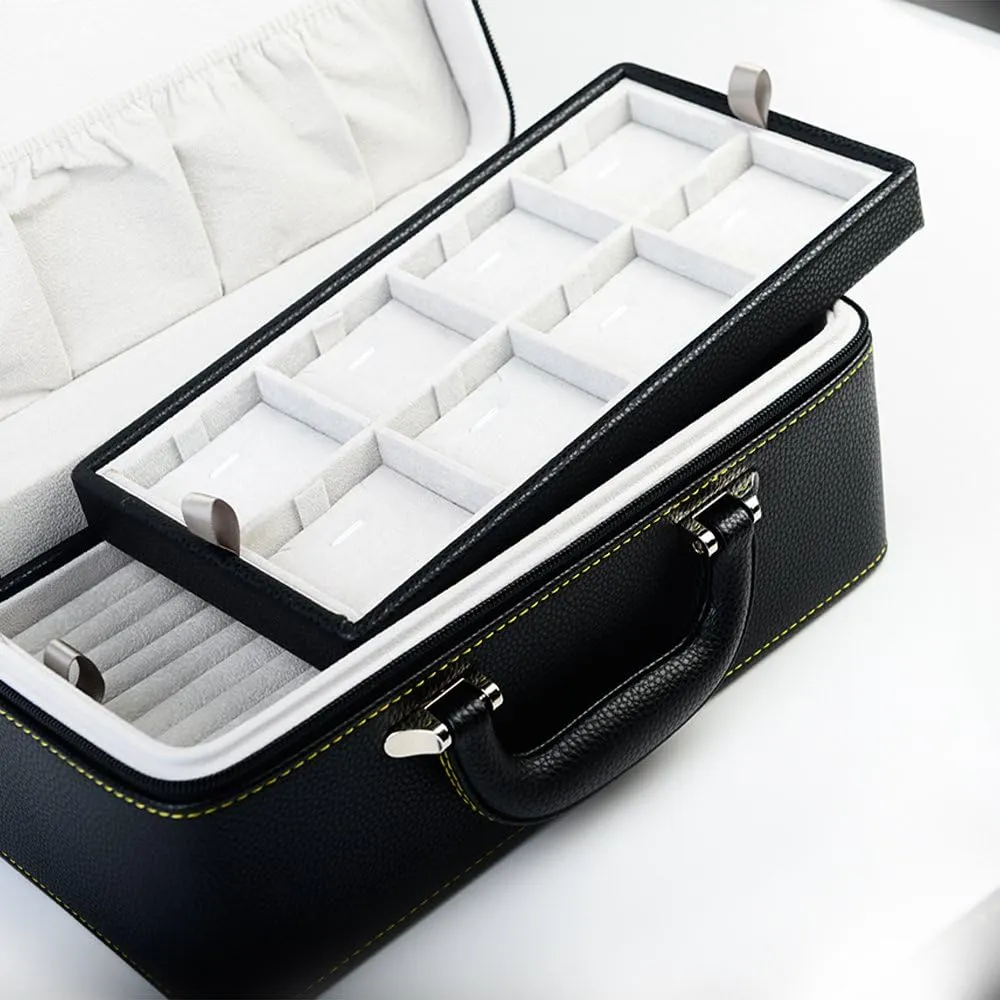 Oirlv Black Leather Jewelry Box Handmade Travel Jewelry Organizer Storage Case Holder For Girl Lady Earring,Ring,Necklace,Pendant,Watch,Bracelet.(3 layers)