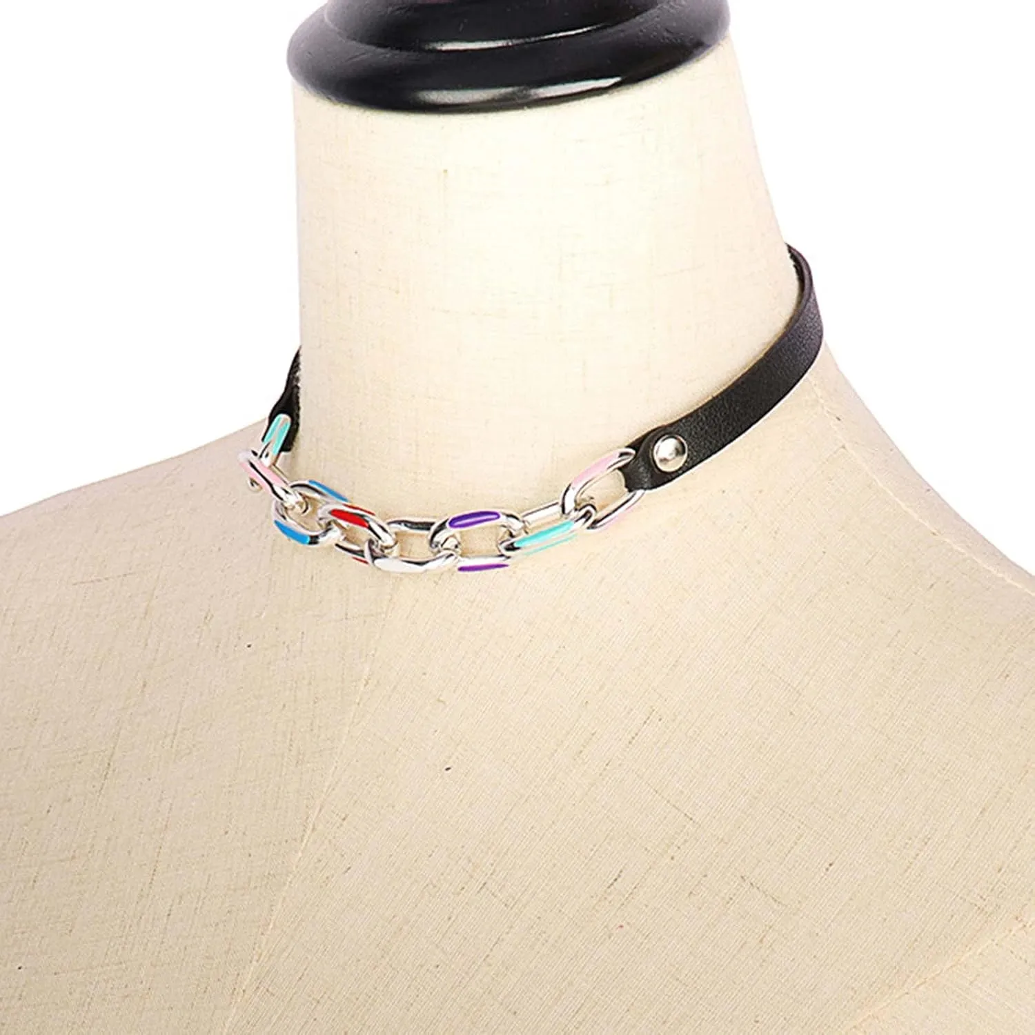 Olbye Black Leather Choker Necklace - Circle Short Necklace With Rivet Studded Spike, Adjustable Punk Design, Gothic Style for Women