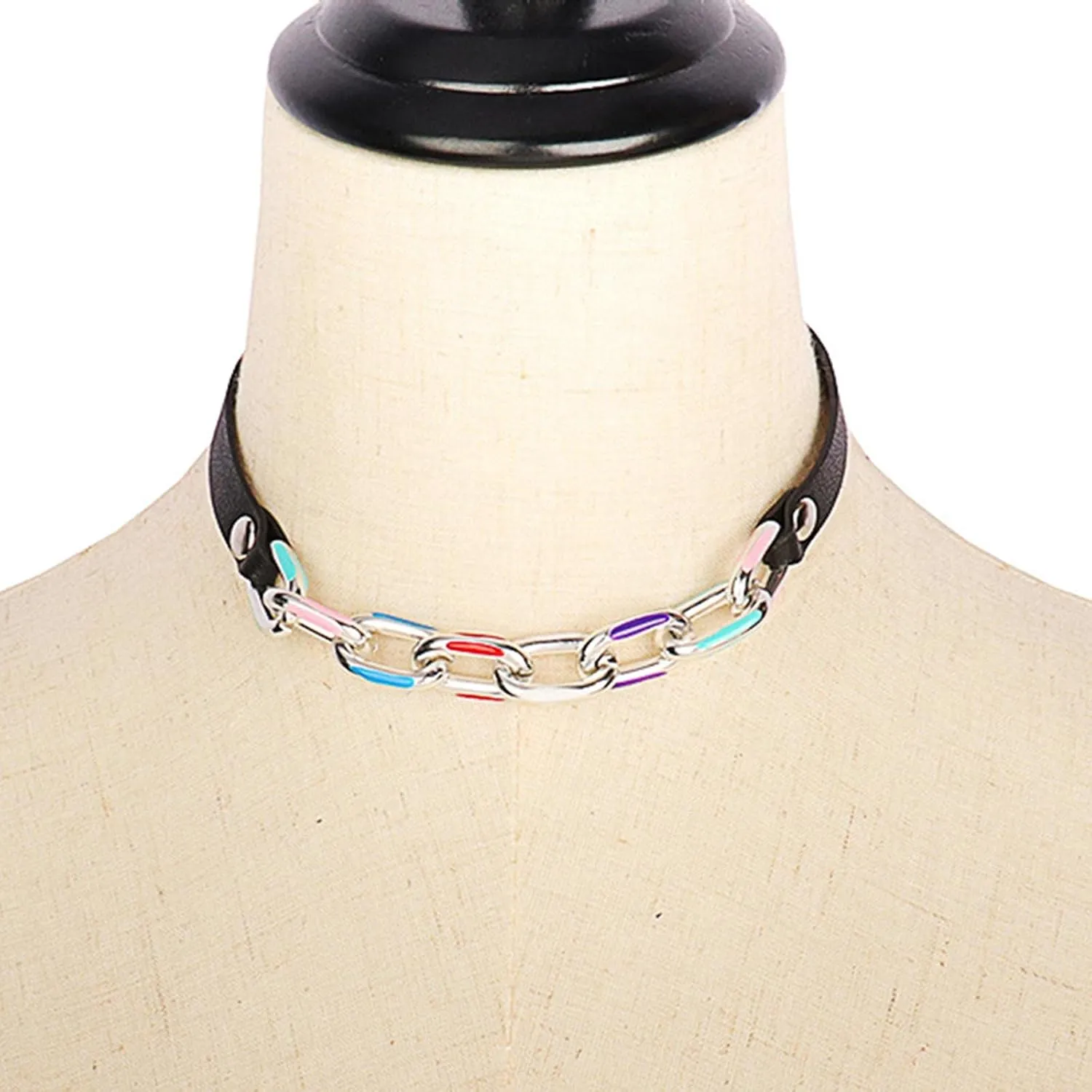 Olbye Black Leather Choker Necklace - Circle Short Necklace With Rivet Studded Spike, Adjustable Punk Design, Gothic Style for Women