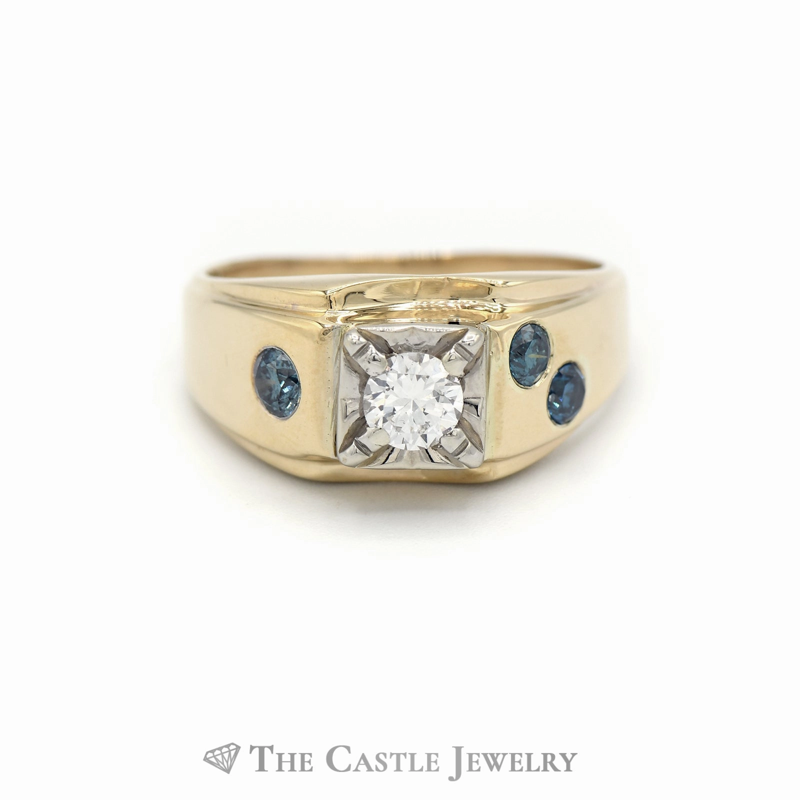 Old European Cut Diamond Solitaire with Round Blue Diamond Accent in 14KT Yellow Gold Fashion Treat Brilliant Article