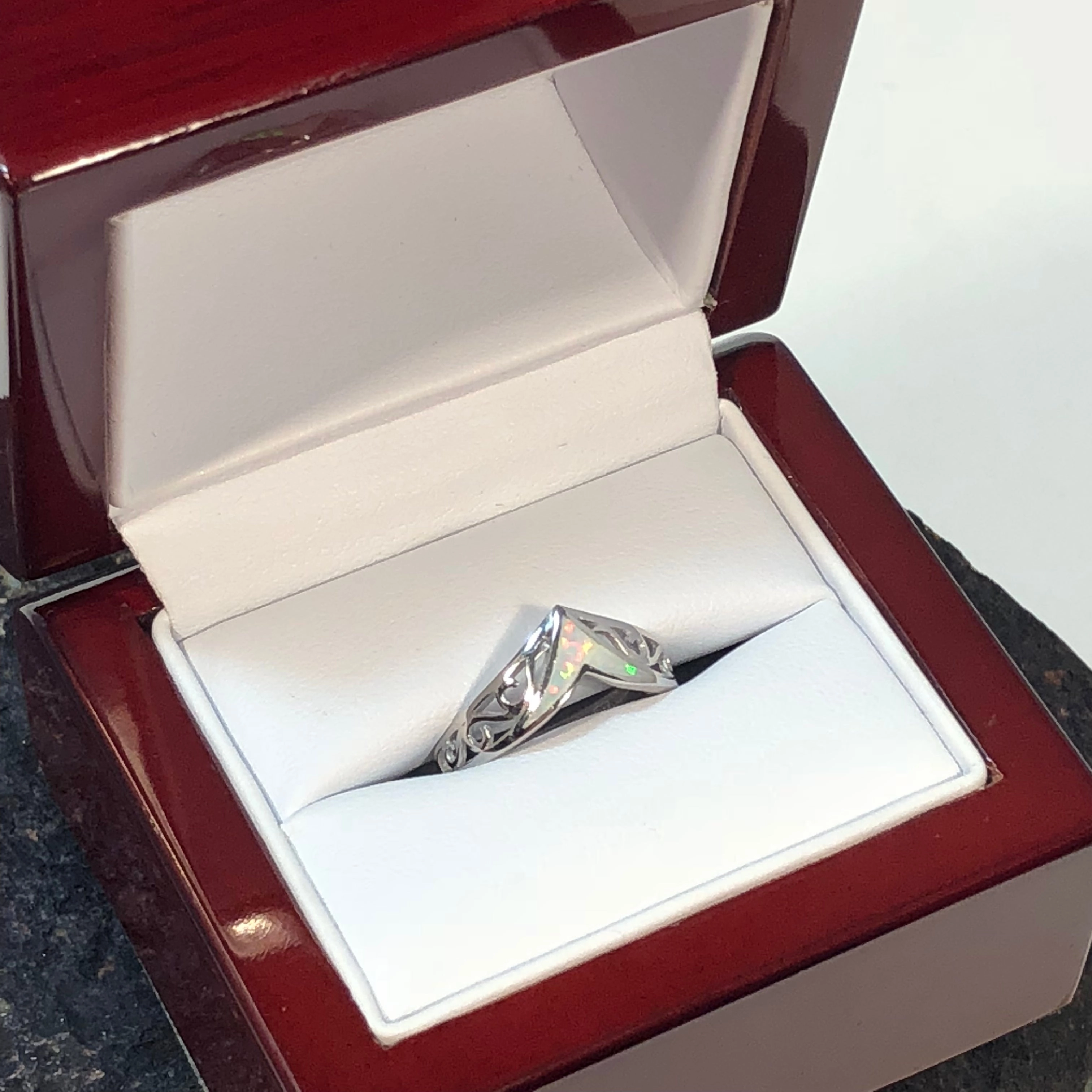 Evening Glam Opal Chevron Ring   Wood Gift Box