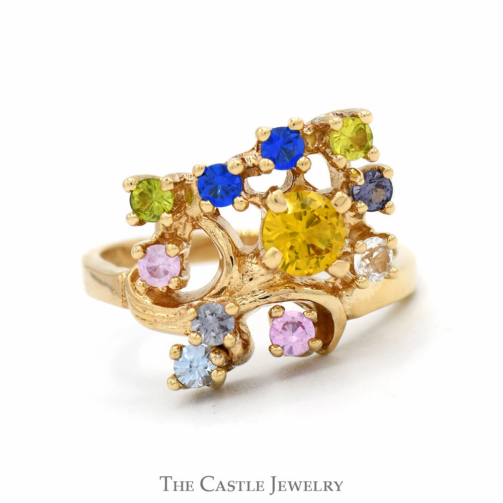 Sparkling Work Open Freeform Multi Synthetic Gemstone Cluster Ring in 14k Yellow Gold