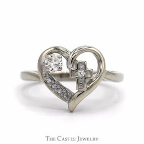 Flexible Design Summer Style Open Heart Diamond Accented Cross Ring in 14k White Gold