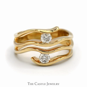 Gentle Contour Unique Statement Open Wavy Multi Row Ring with 1/2cttw Diamond Accents in 14k Yellow Gold