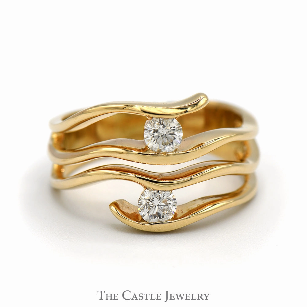 Gentle Contour Unique Statement Open Wavy Multi Row Ring with 1/2cttw Diamond Accents in 14k Yellow Gold