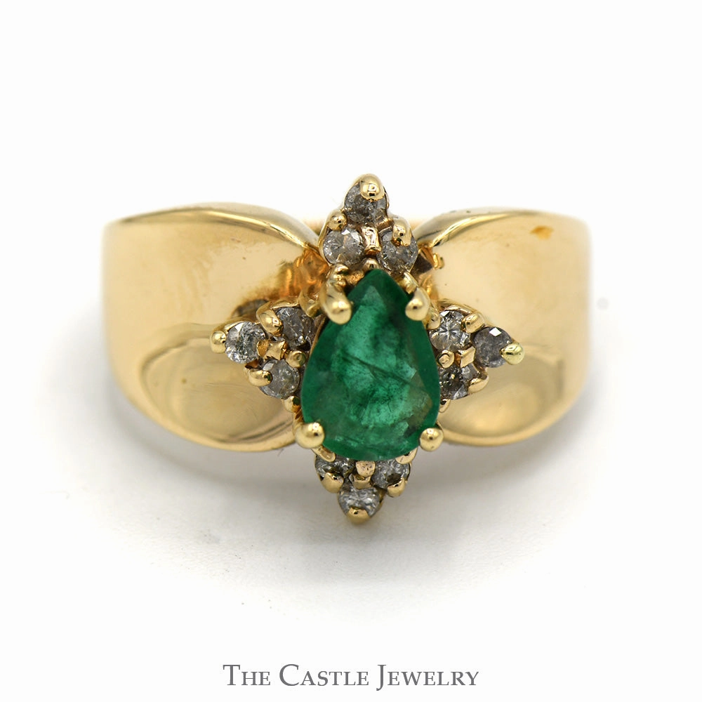 Romantic Moment Body Adornment Pear Cut Emerald Ring in 14K Concave Mounting with Diamond Accents