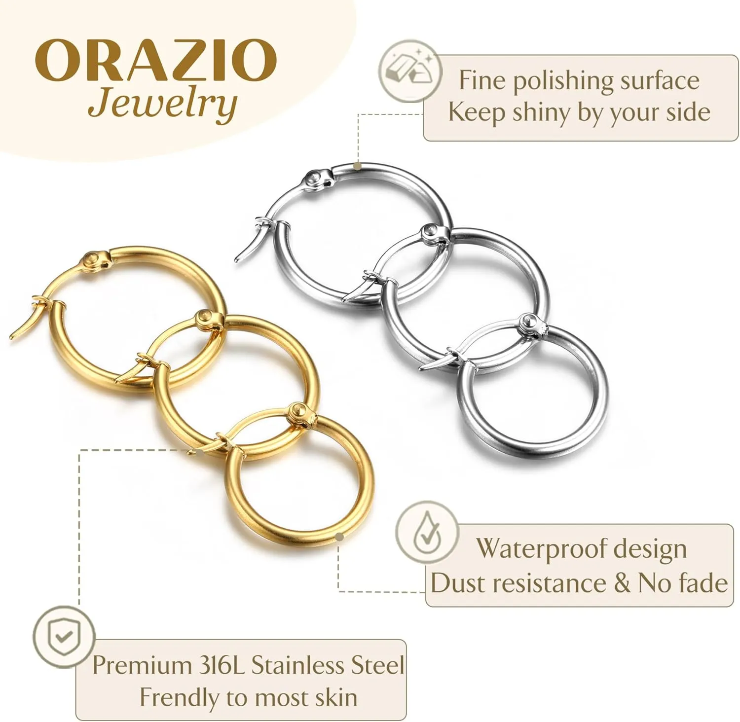 ORAZIO 14K Real Gold Plated Huggie Hoop Earrings Sets, 10 Pairs Hypoallergenic 316L Stainless Steel Silver Small Hoop Earrings Non-tarnish for Sensitive Ears, 24/7 Lightweight Dainty Endless Cartilage Jewelry for Women Men 6-18MM
