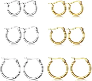 ORAZIO 14K Real Gold Plated Huggie Hoop Earrings Sets, 10 Pairs Hypoallergenic 316L Stainless Steel Silver Small Hoop Earrings Non-tarnish for Sensitive Ears, 24/7 Lightweight Dainty Endless Cartilage Jewelry for Women Men 6-18MM
