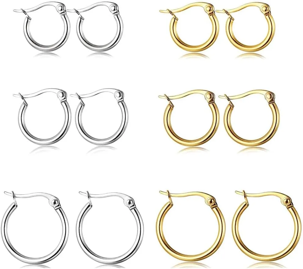 ORAZIO 14K Real Gold Plated Huggie Hoop Earrings Sets, 10 Pairs Hypoallergenic 316L Stainless Steel Silver Small Hoop Earrings Non-tarnish for Sensitive Ears, 24/7 Lightweight Dainty Endless Cartilage Jewelry for Women Men 6-18MM