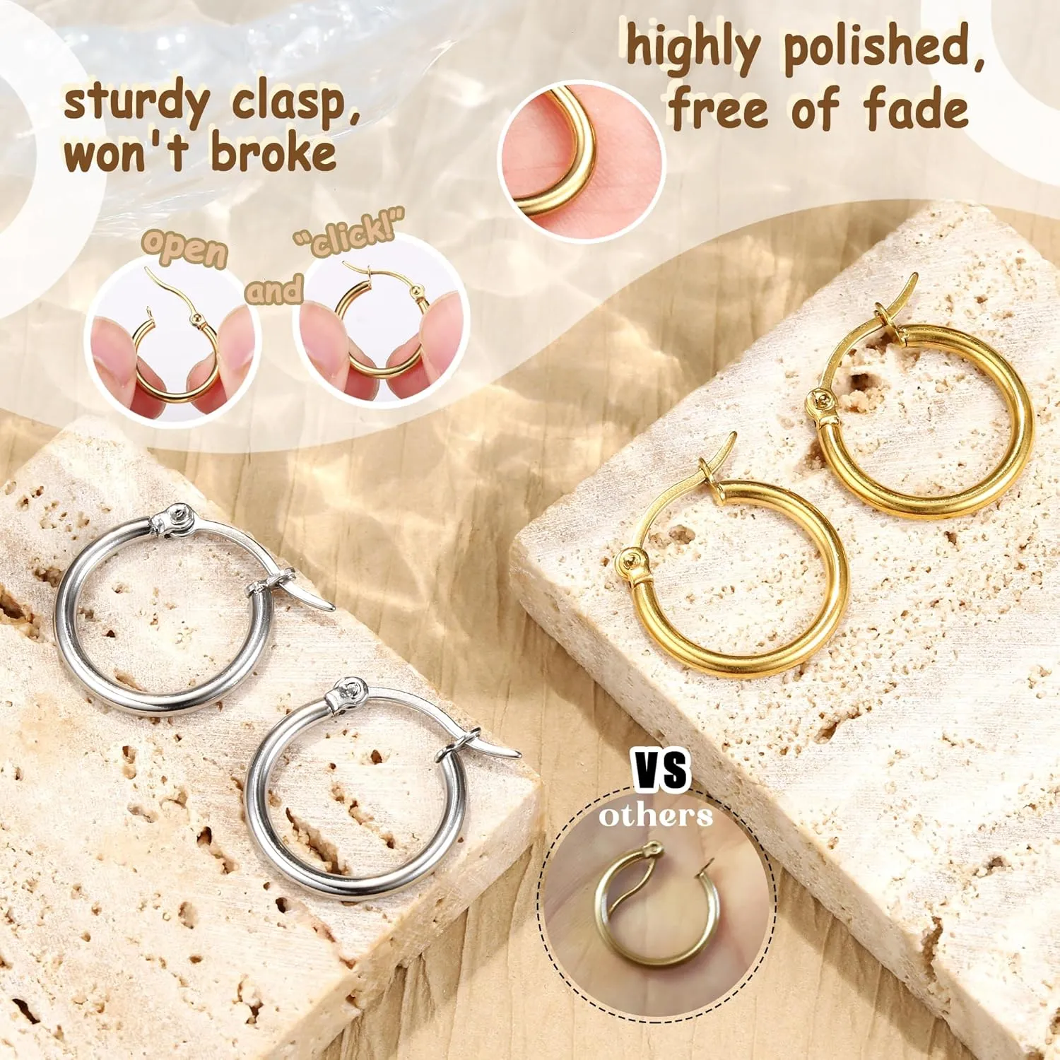 ORAZIO 14K Real Gold Plated Huggie Hoop Earrings Sets, 10 Pairs Hypoallergenic 316L Stainless Steel Silver Small Hoop Earrings Non-tarnish for Sensitive Ears, 24/7 Lightweight Dainty Endless Cartilage Jewelry for Women Men 6-18MM