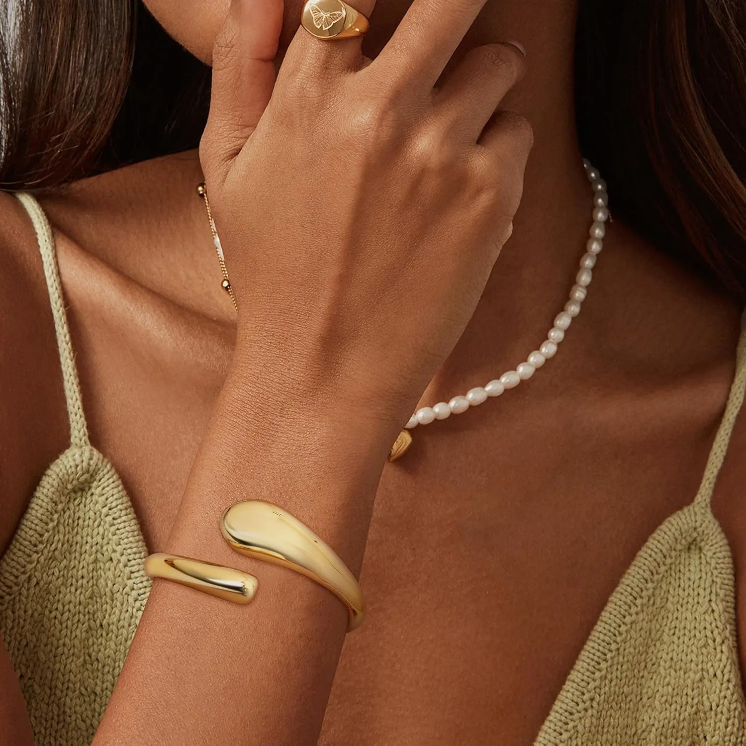 ORAZIO Gold Bangles for Women - 14K Gold Plated Cuff Bangle Bracelets Wide Chunky Gold Bracelet Waterdrop Open Wrist Cuff Bracelet Stretchable Thick Gold Bangles Irregular Twisted Womens Bangles Bracelets