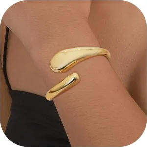 ORAZIO Gold Bangles for Women - 14K Gold Plated Cuff Bangle Bracelets Wide Chunky Gold Bracelet Waterdrop Open Wrist Cuff Bracelet Stretchable Thick Gold Bangles Irregular Twisted Womens Bangles Bracelets