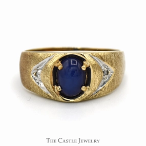 High Maintenance Oval Blue Lindy Star Ring with Diamond Accented Brushed Textured Sides in 10k Yellow Gold