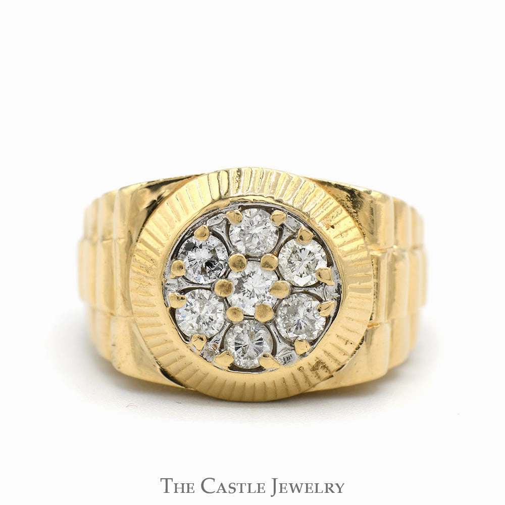 Budget Expression Cultural Heritage 1cttw Round Shaped 7 Diamond Cluster Ring with Rolex Inspired Bezel and Sides