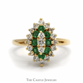 Marquise Shaped Emerald & Diamond Cluster Ring in 14k Yellow Gold Award winning