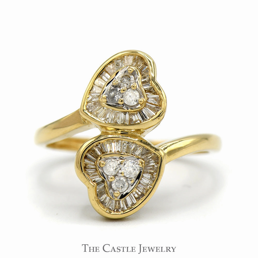 Double Heart Ring with 1/2cttw Round and Baguette Diamond Cluster in 14k Yellow Gold Bypass Setting Brilliant Craft
