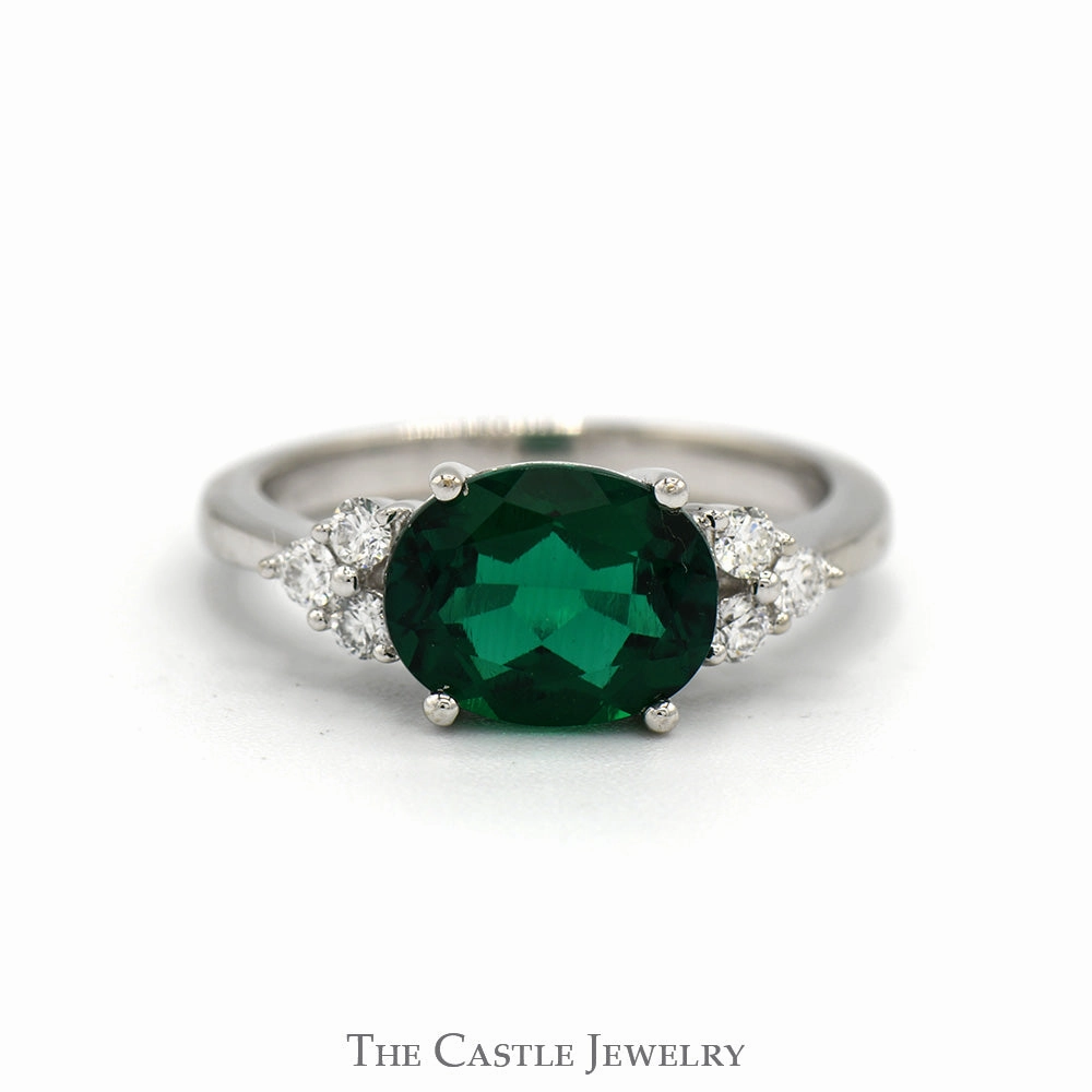 Side Set Oval Cut Lab Created Emerald Ring with Diamond Accents in 14k White Gold High-End Craft Excellent Art