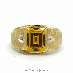 Minimalist Insignia Emerald Cut Citrine Ring with Diamond Accented Sides in 10k Yellow Gold