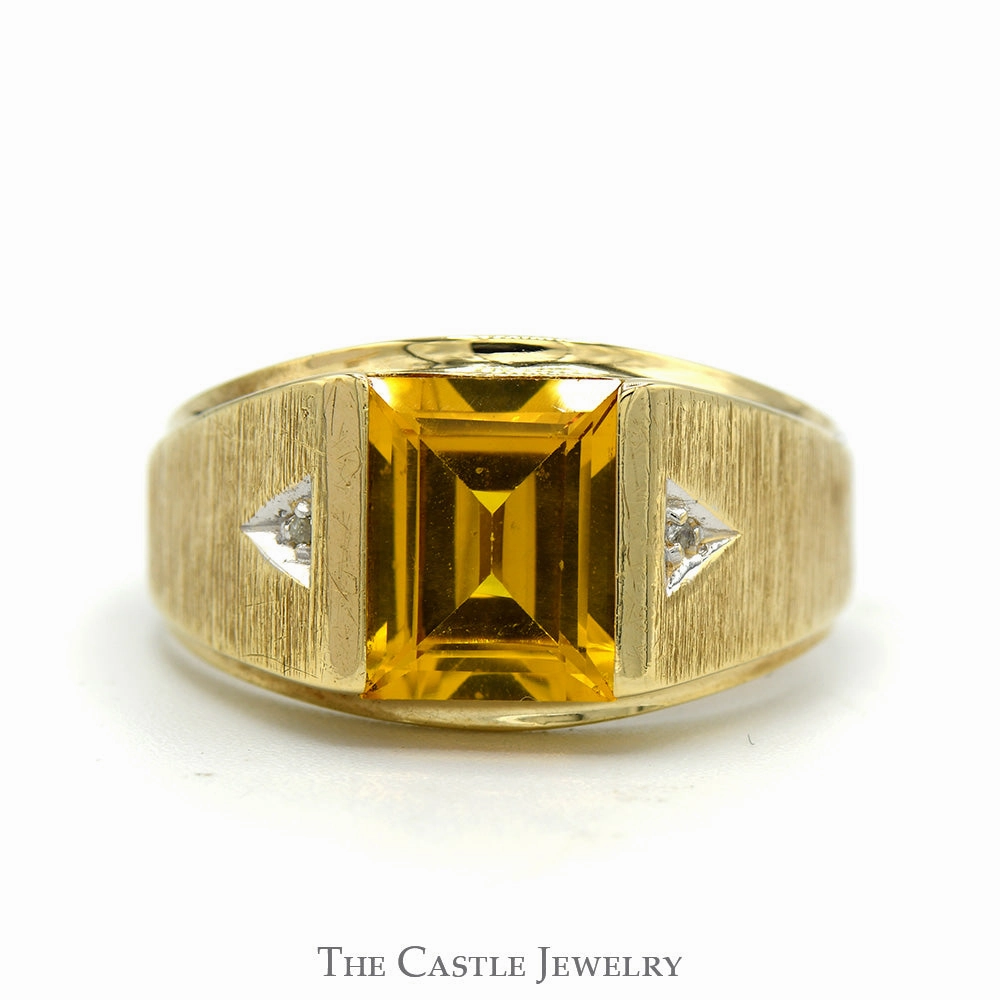 Minimalist Insignia Emerald Cut Citrine Ring with Diamond Accented Sides in 10k Yellow Gold