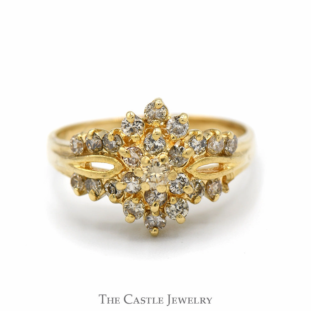 Sentimental Design Adorable Gift 3/4cttw Flower Shaped Diamond Cluster Ring with Split Shank Sides in 14k Yellow Gold