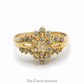 Sentimental Design Adorable Gift 3/4cttw Flower Shaped Diamond Cluster Ring with Split Shank Sides in 14k Yellow Gold
