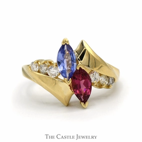 Comfortable Work Versatile Present Marquise Cut Tanzanite & Rhodalite Garnet Ring with Diamond Accented Bypass Design in 14k Yellow Gold